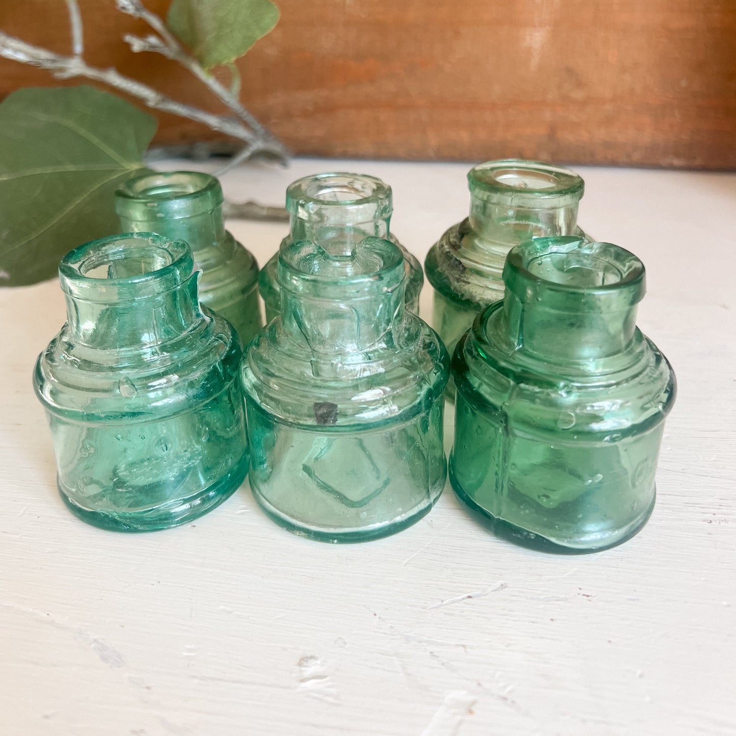 Collection of Antique English Aqua Glass Inkwells (set of 6)