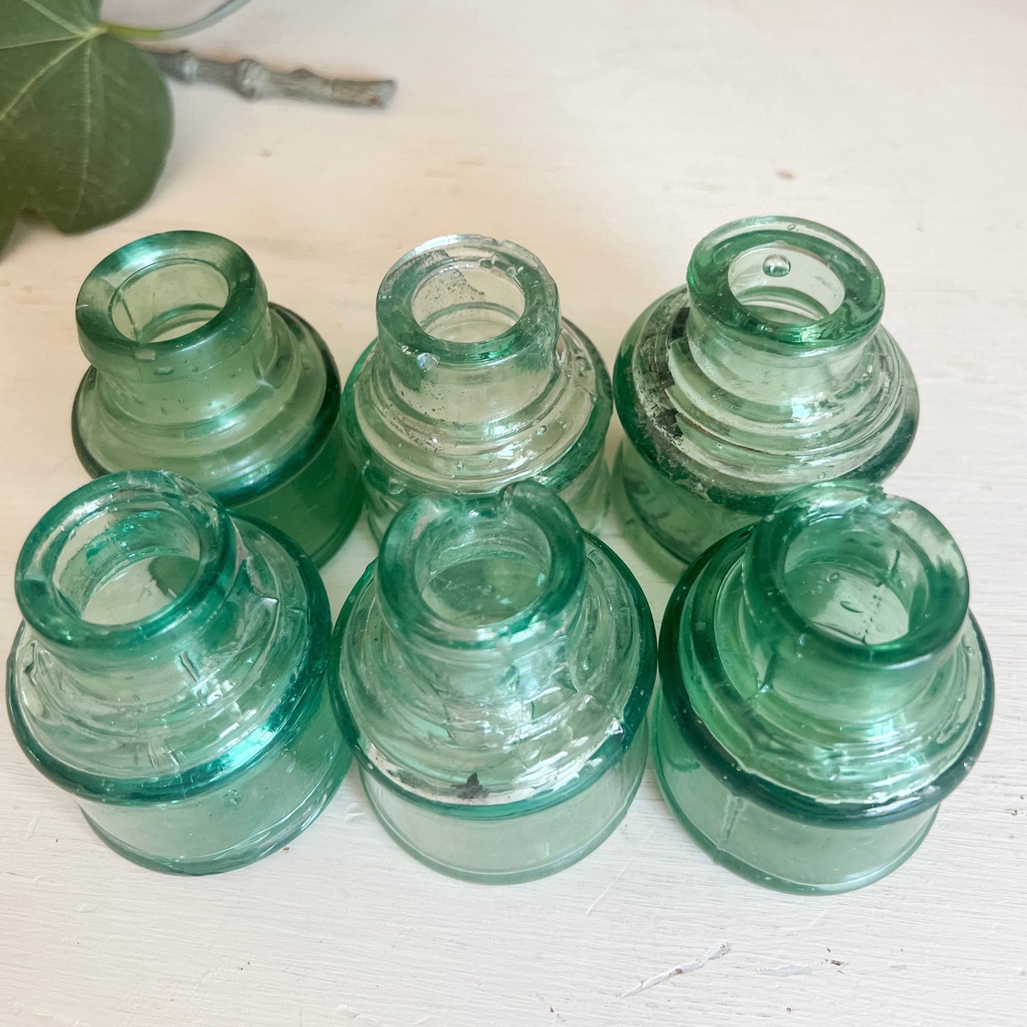 Collection of Antique English Aqua Glass Inkwells (set of 6)