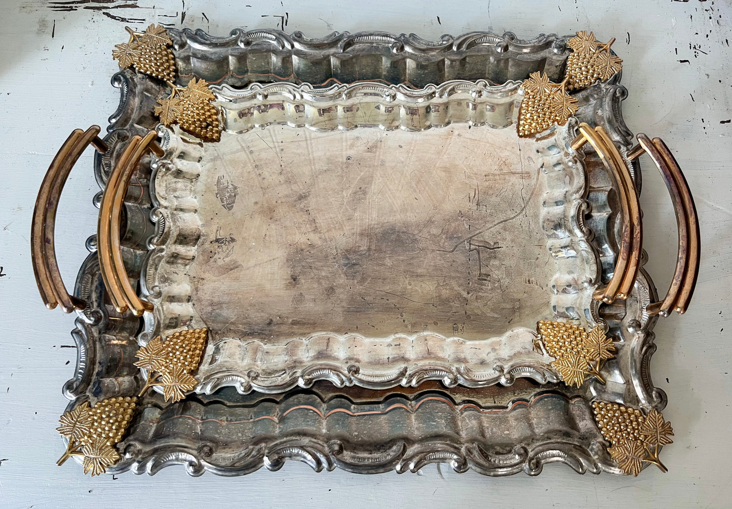 Vintage Silver Trays W/ Gold Strawberries and Handles