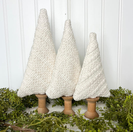 Set of 3 Fabric Trees w/ Vintage Thread Spool Trunk