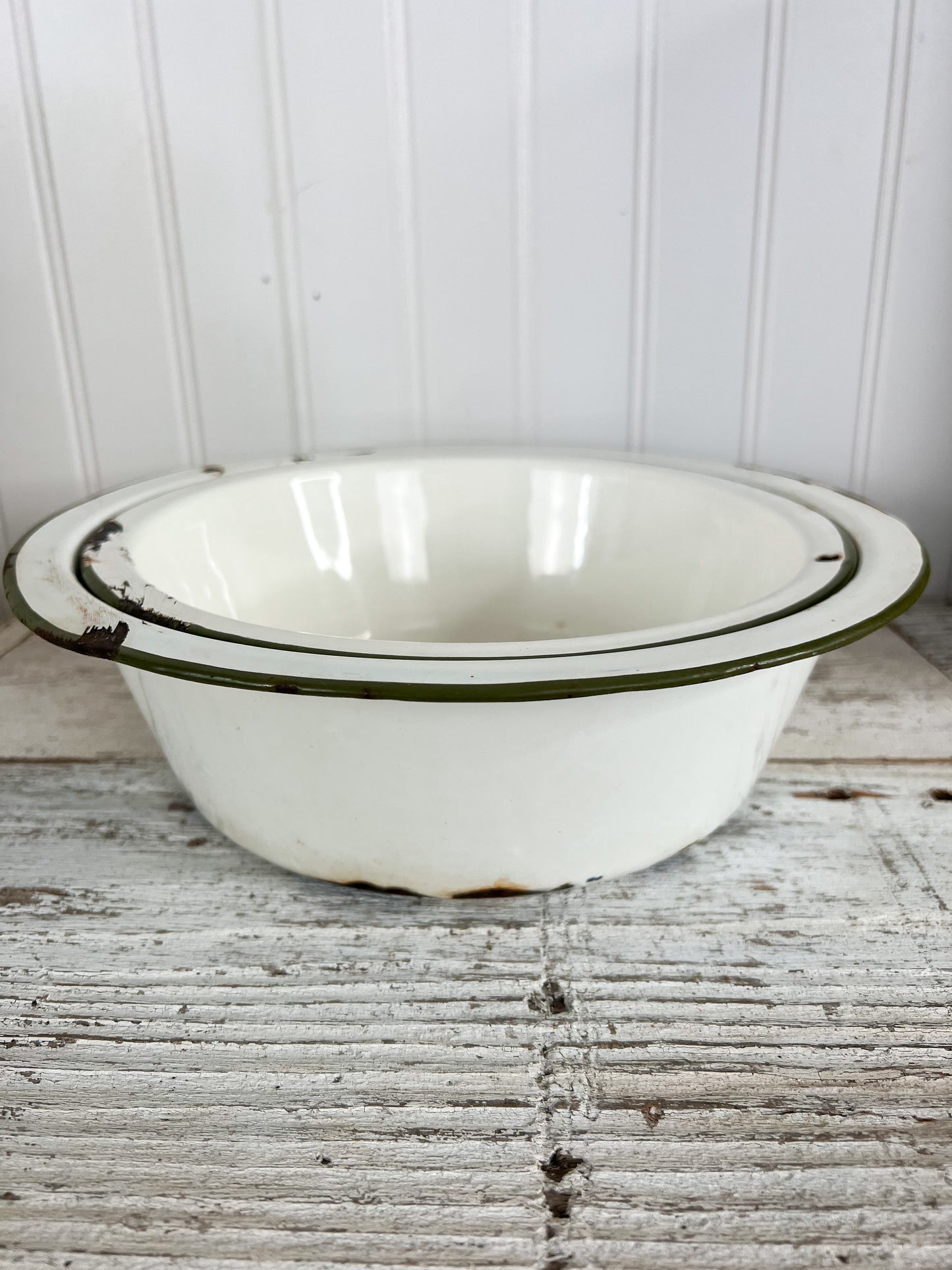 Set of 2 Cream w/ Green Rim Enamelware Bowls