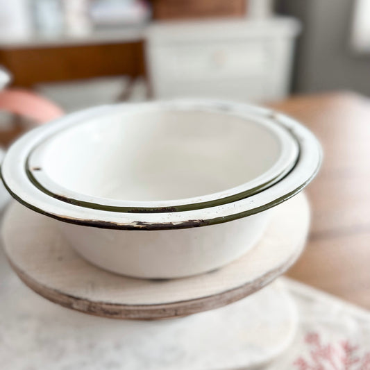 Set of 2 Cream w/ Green Rim Enamelware Bowls