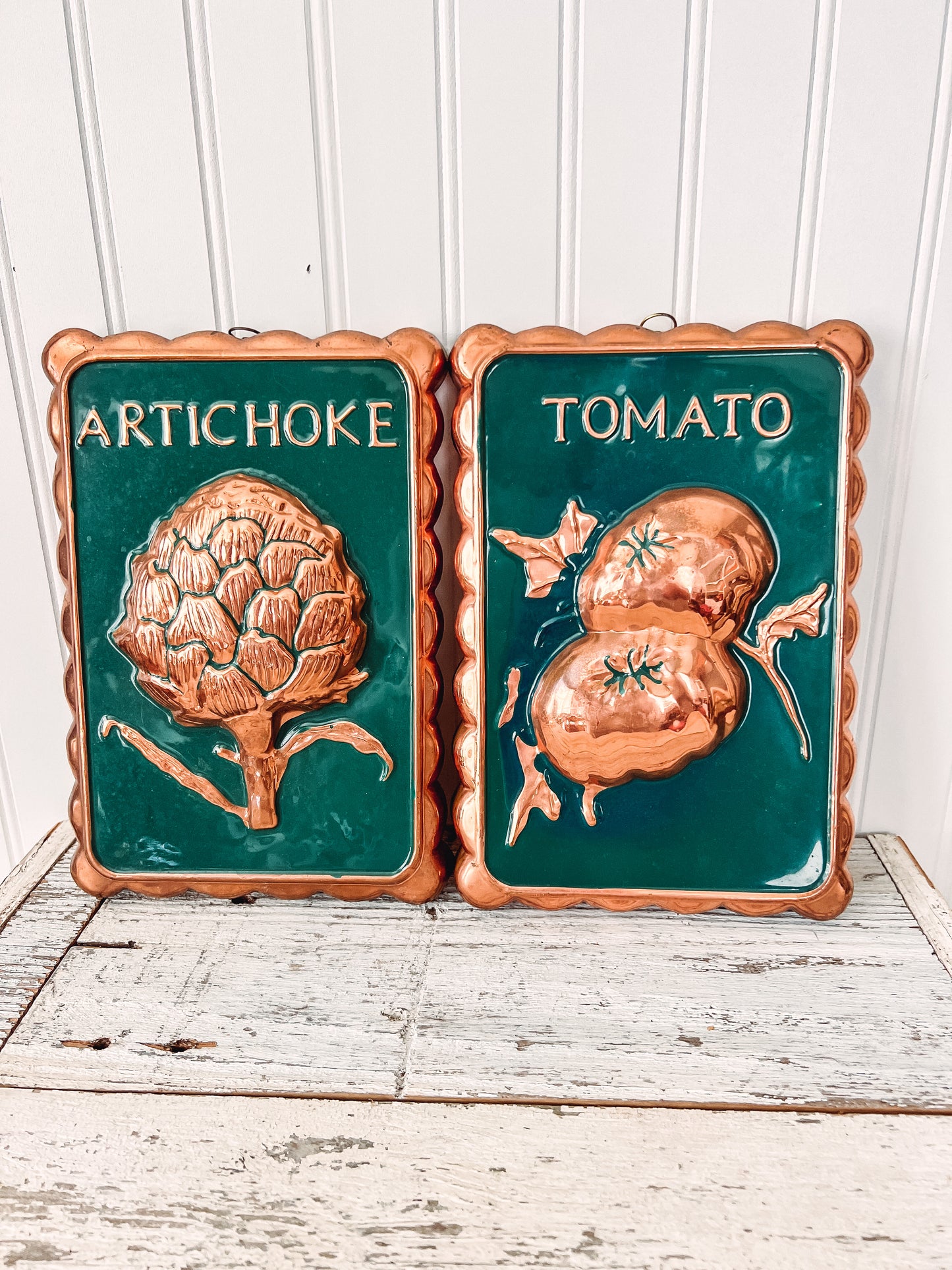 Set of 2 Vintage Copper Vegetable Wall Hangings