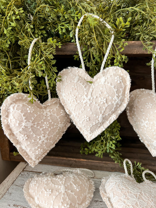 Handmade Vintage Grain Sack & Lace Hanging Heart