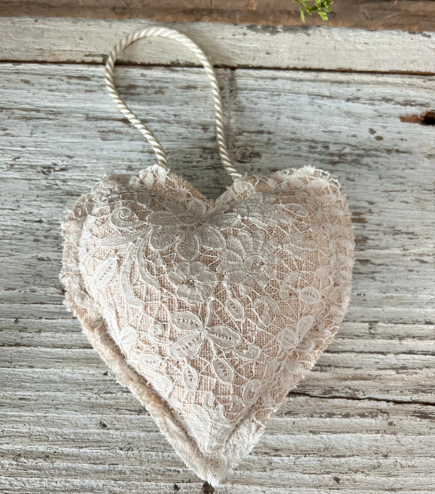 Handmade Vintage Grain Sack & Lace Hanging Heart