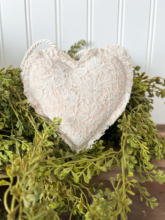 Handmade Vintage Grain Sack & Lace Hanging Heart