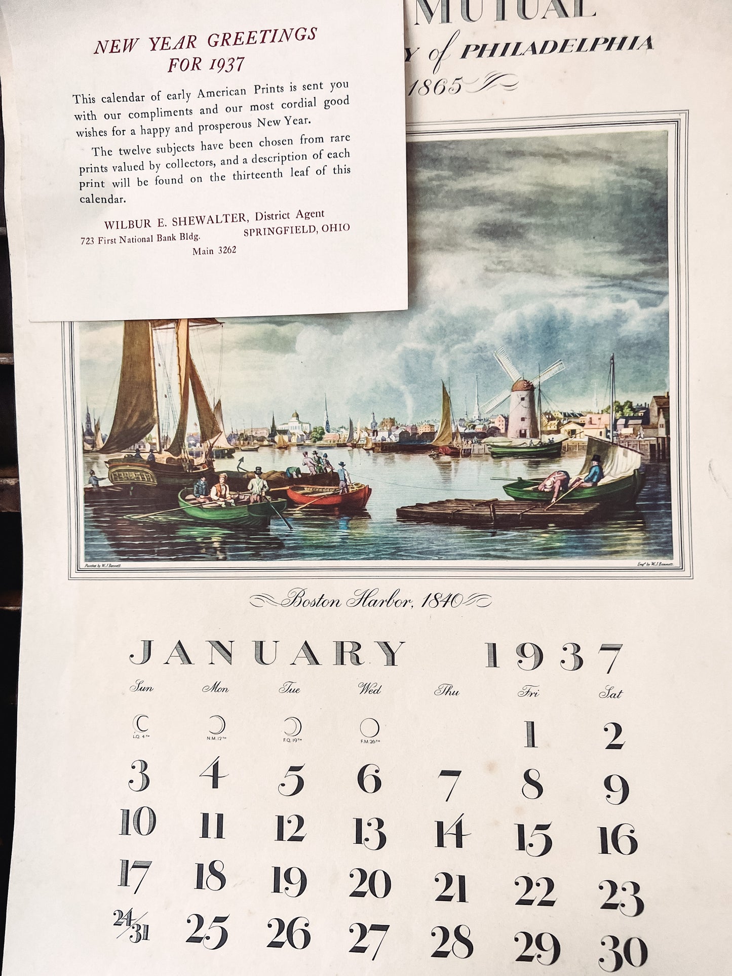 Vintage Provident Mutual 1937 Calendar