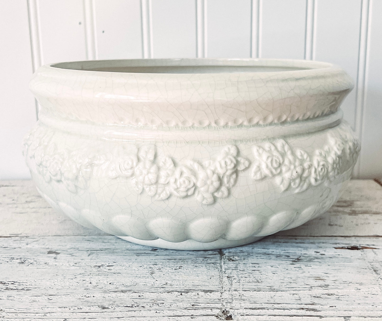 Vintage White Porcelain Floral Embossed Bowl