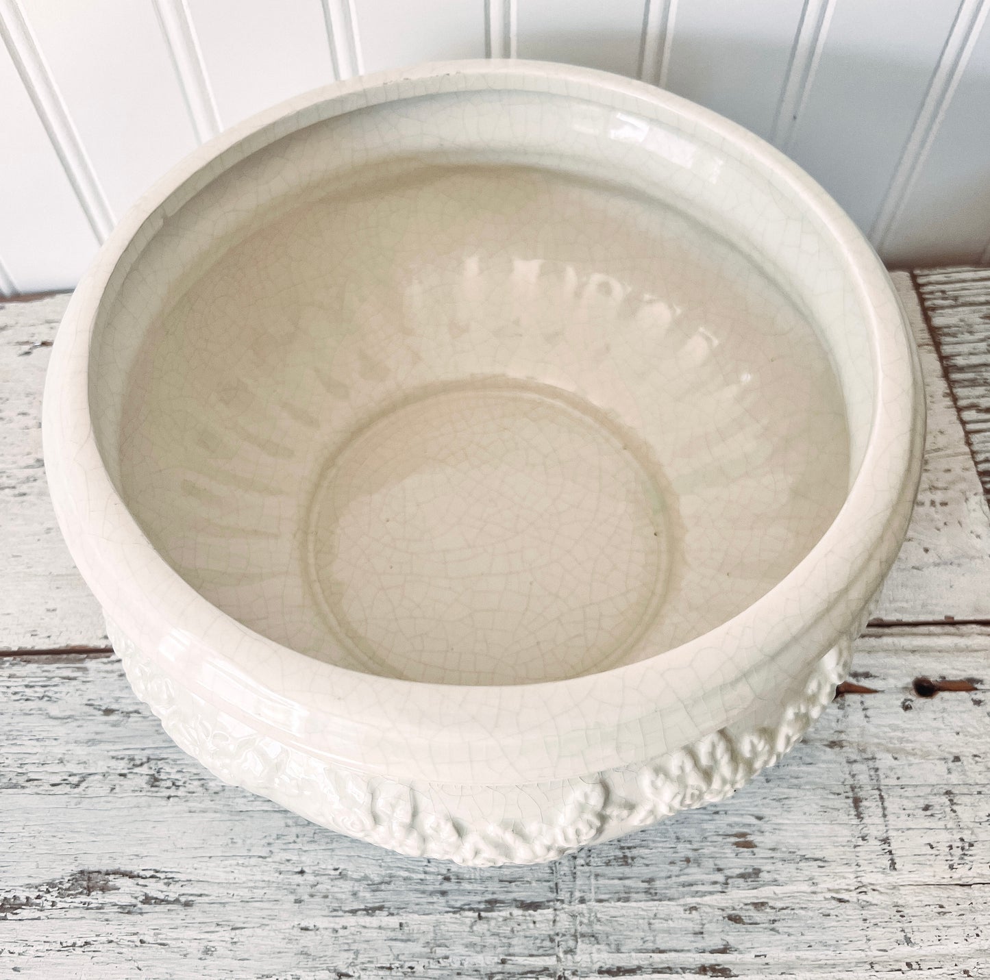 Vintage White Porcelain Floral Embossed Bowl