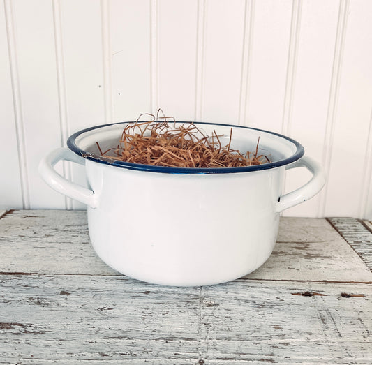 Vintage White Enamel Pot w/ Blue Rim