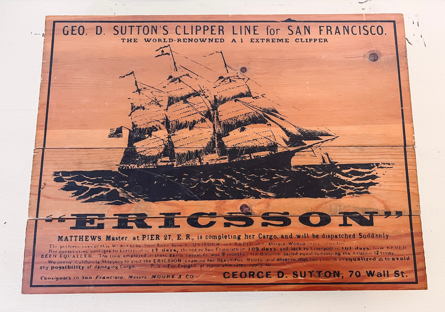 Vintage Ericsson Clipper Ship Wood Decorative Plaque