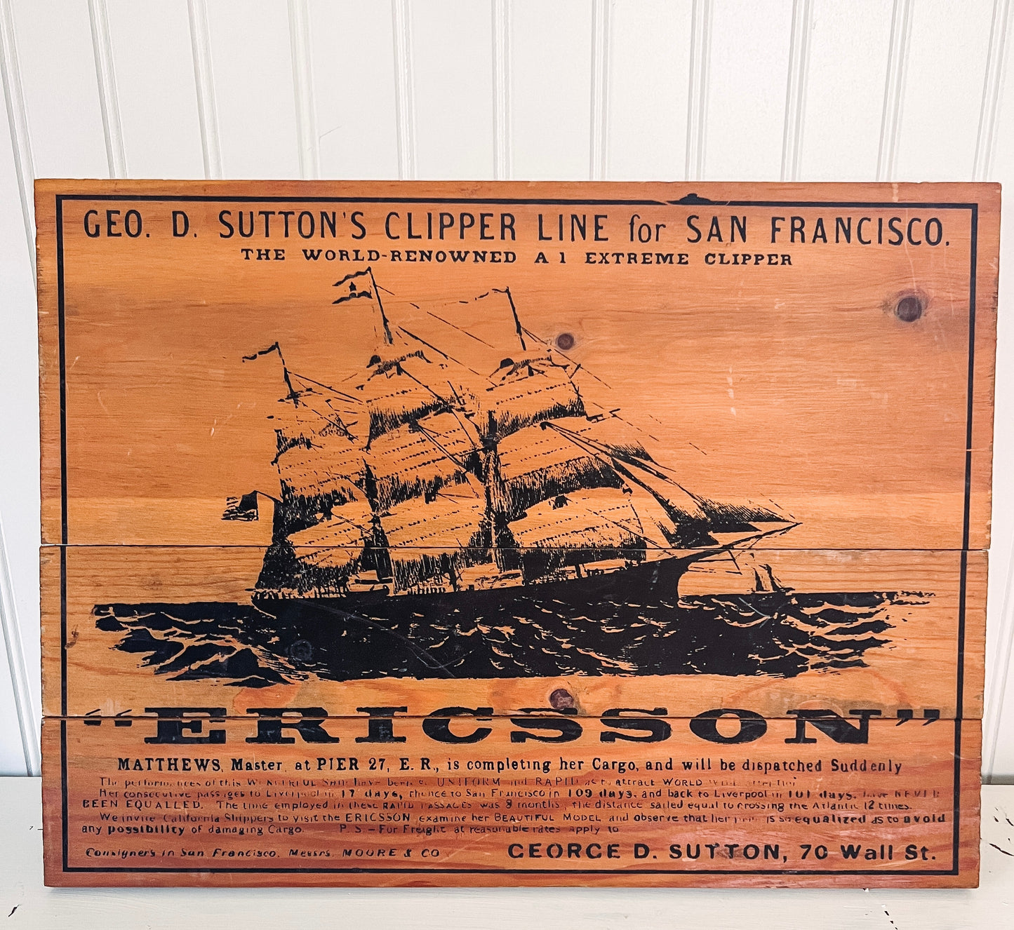 Vintage Ericsson Clipper Ship Wood Decorative Plaque